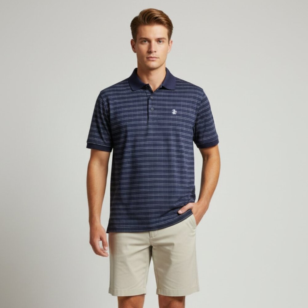 Izod Blue Gray Stripe Short Sleeve Men's Athletic Golf Polo Shirt, size Small